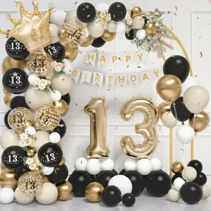 13Th Birthday Balloons Garland Arch Kit,13Th Party Decorations Black Gold Sand White For Boys Girls,With Number 13 Foil Balloons,Happy Birthday Banner For 13 Years Old