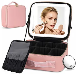 Professional Makeup Bag with LED Mirror & 10X Magnification, 3 Lighting Modes & Stepless Brightness, Travel Cosmetic Case with 6 Adjustable Dividers & 10 Brush Slots, Waterproof, Travel & Home，Gift for Women