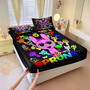 Sprunki Pink Bunny Cartoon Printed Fitted Sheet Set, Decorative Bedsheet Sets, Includes 1 Fitted Sheet & 2 Pillowcases without Filler, Cool black base with colorful characters, lively, eye-catching, soft, skin-friendly, breathable, stylish.