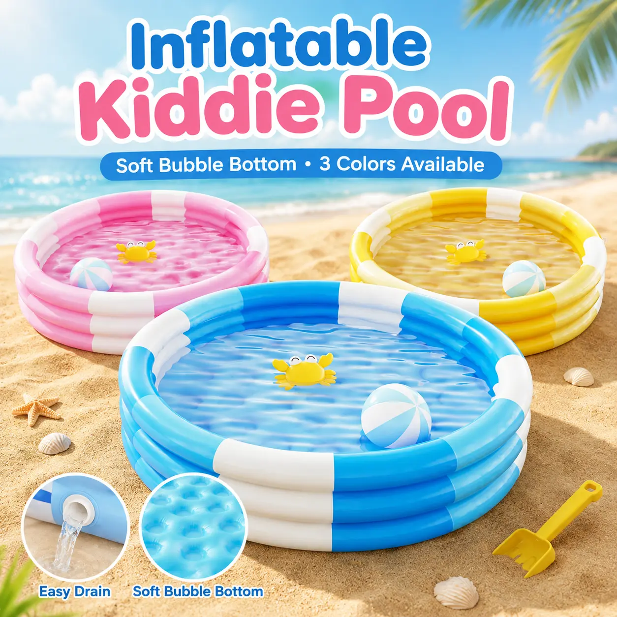 Inflatable Kiddie Pool, Portable Above-Ground Paddling Pool for Kids Outdoor Summer Water Play