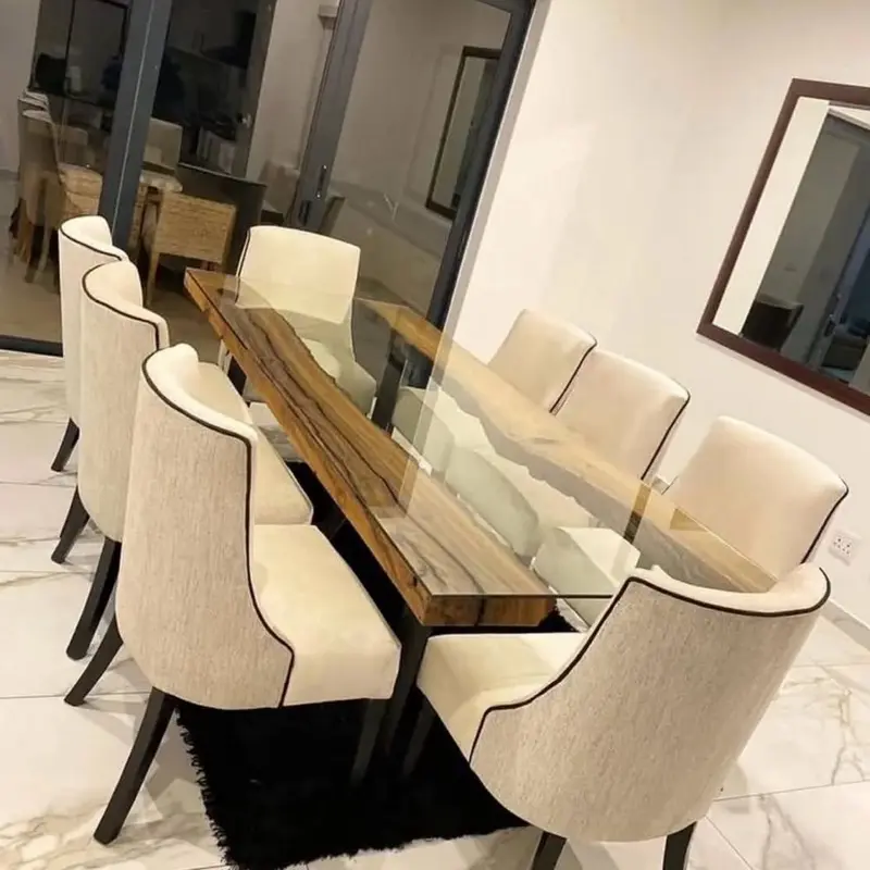 8 Seater dinning set Wooden glass top table Wooden velvet chairs