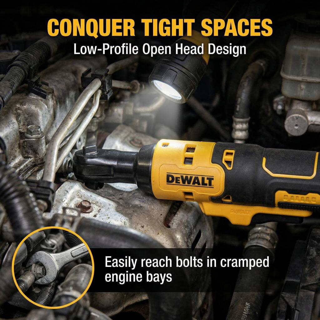 DEWALT DCF512 1/2" Brushless Cordless Ratchet Wrench – 95Nm Max Torque for Auto Repair & Tight Engine Bays – Low-Profile Open Head with Oil-Resistant Housing