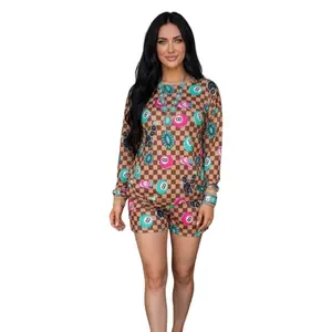 Checkered Top and Shorts Set for Women - Long Sleeve, Round Neck, Colorful Pattern, Comfortable Fit