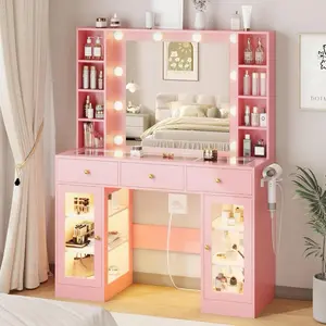 Queen Pink Vanity Desk Set with Large LED Lighted Mirror for Bedroom Makeup