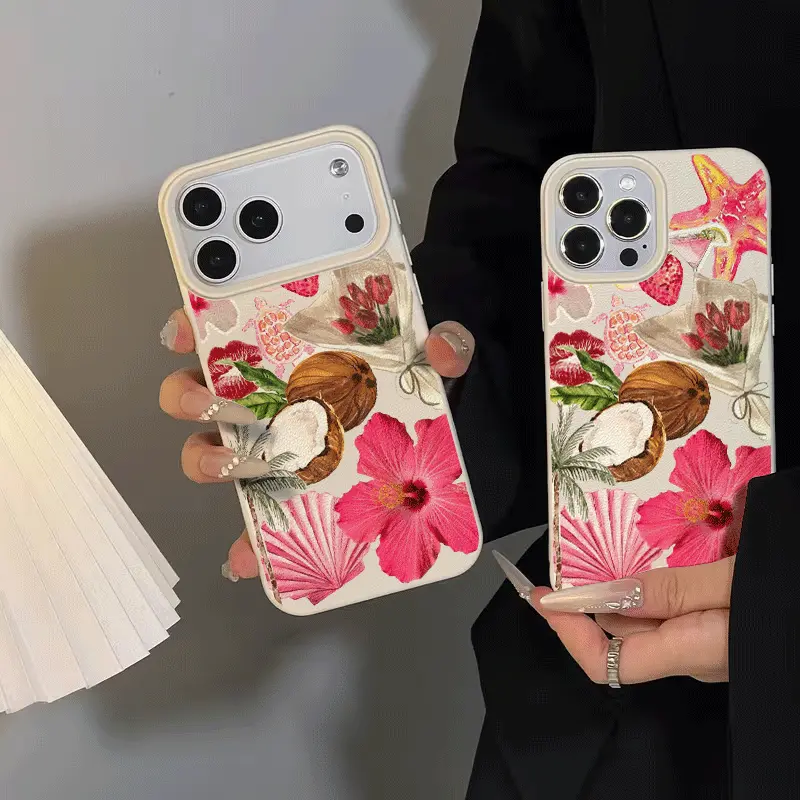 Tropical Flowers Coconut Strawberry Watercolor Collage Smartphone Case - Durable Shockproof Anti-Drop Minimalist TPU Cover, Protective Handheld Accessory for iPhone 17,16,15,14,13,12,11,X,XS,XS Max, Holiday Gift,summerwins