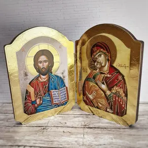 Byzantine Style Christ the Ruler and Virgin and Child Arched Icon with Gold Leaf, Orthodox Style 8" x 6"