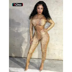 Women's Fashion Snakeskin High Neck Hollow Out Top + Trendy Long Pants Set, Spring & Fall Comfortable for Daily Wear, Parties, Vacation