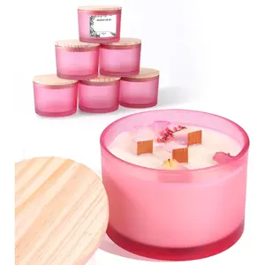 6 Pack Glass Candle Jars with Lids (16oz, Frosted Pink) - Large Candle Jars for 3 Wick Candles Making - Empty Candle Jars Containers - Candle Making Accessories include 16 count Candle Labels