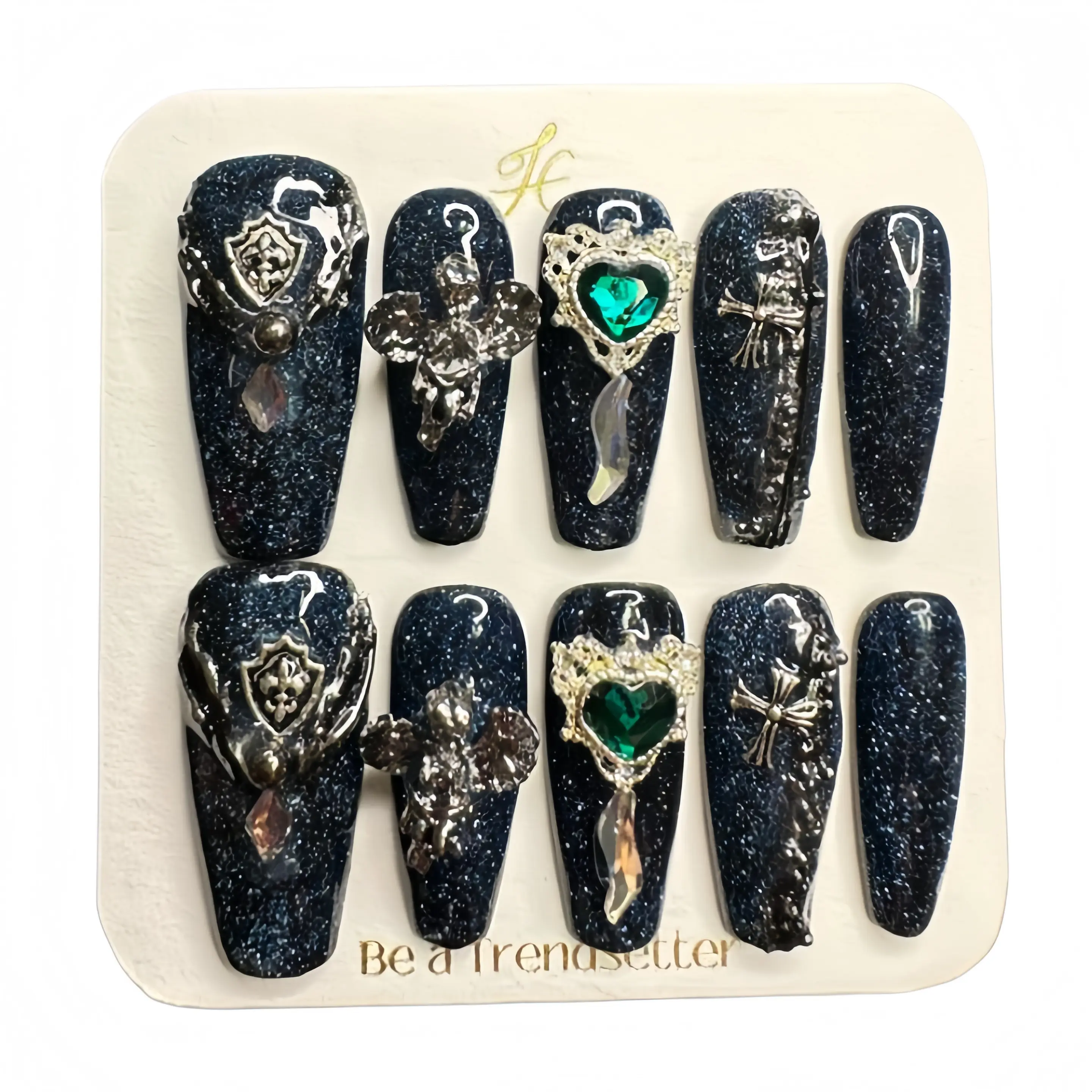 E9 Handmade Press-On Nails Kit, Fantasy Blue Night Dream Princess Style Ultra-Shiny Glitter Wearable Armor Nail Decoration Accessory (Beauty & Personal Care)