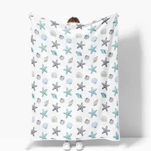 1pc Coastal ocean beach , starfish and seashell pattern, blue-grey and white base, ocean theme, lightweight, soft and comfortable , suitable for sofas, bedrooms, bedding, Breathable Lightweight , flannel , Soft Warm . blanket