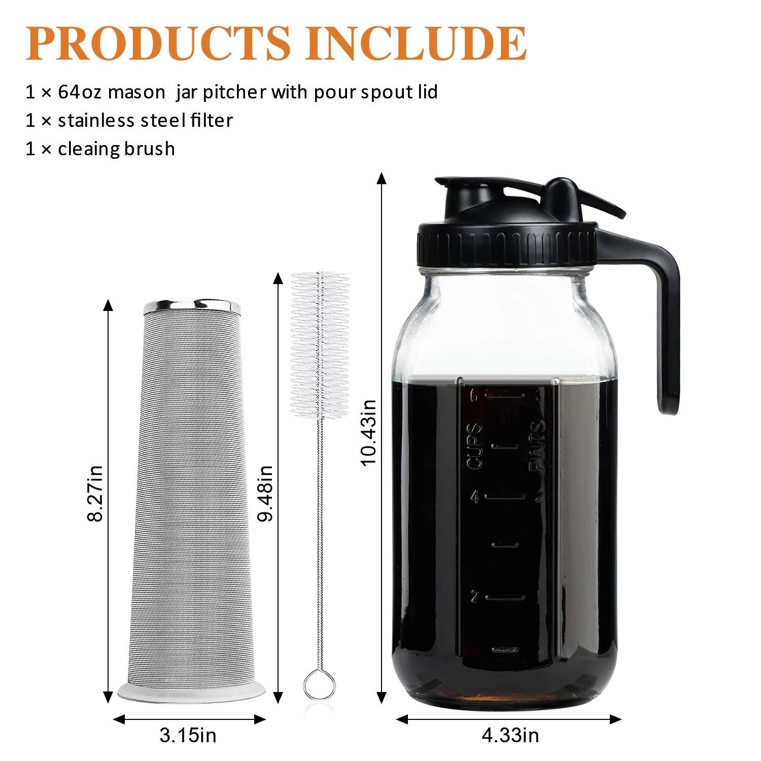 Cold Brew Coffee Maker, 64OZ Wide Mouth Mason Jar Pitcher with Stainless Steel Filter, Pour Spout Handle Lid, Heavy Duty Glass Airtight & Leak-Proof