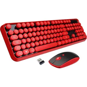 2.4GHz  Typewriter Keyboard with 104 Cute Retro Round ,  Full Size  Keyboard and  Combo with 3 DPI for Computer  PC Laptop-Black/Red