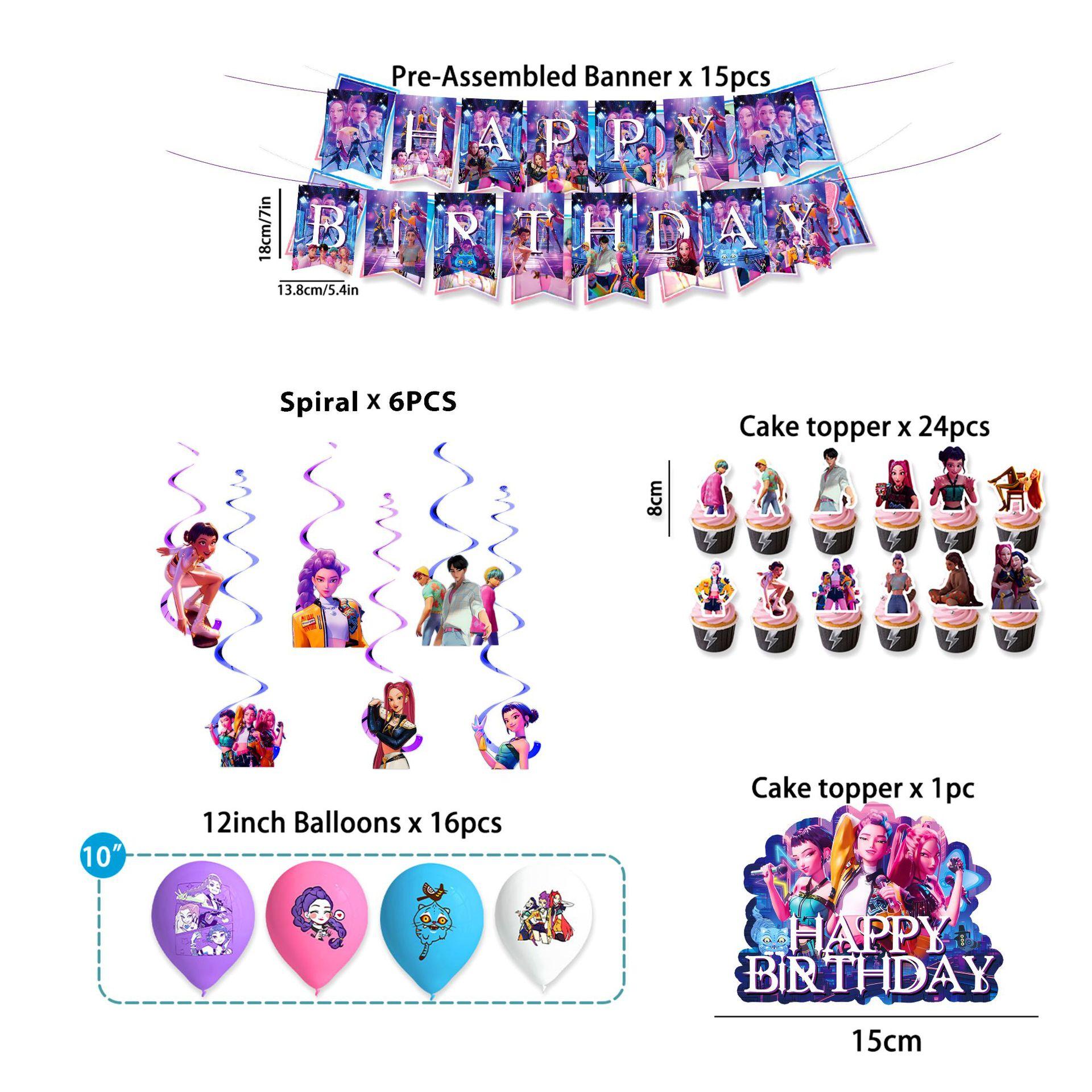 For K Pop Demon Hunters Party Supplies,62 PCS Birthday Decorations Set Include Banner,Balloons,Hanging Swirls,Cake Cupcake Toppers for Boys Girls Hunters Theme Party