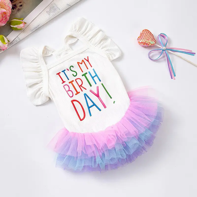 Dog Birthday Tutu Dress for Small Dogs, Yellow Puppy Party Dress with Ruffled Sleeves, Cute “It‘s My Birthday” Outfit for Chihuahua Yorkie