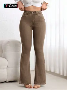 Women's 2026 New Flared High Waisted Denim Jeans Chic Elegant Flare Leg Soft Elastic Comfort Washed Craft Coffee Color Long Pants, Fitted Plain Style All Seasons