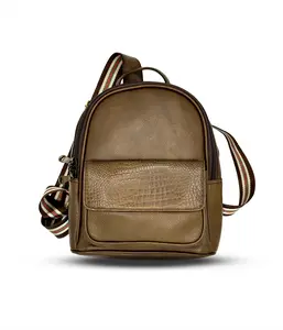 Stylish Genuine Leather Small Backpack with Zip Closure for iPad (10.2 inches) - Tan/Mocha