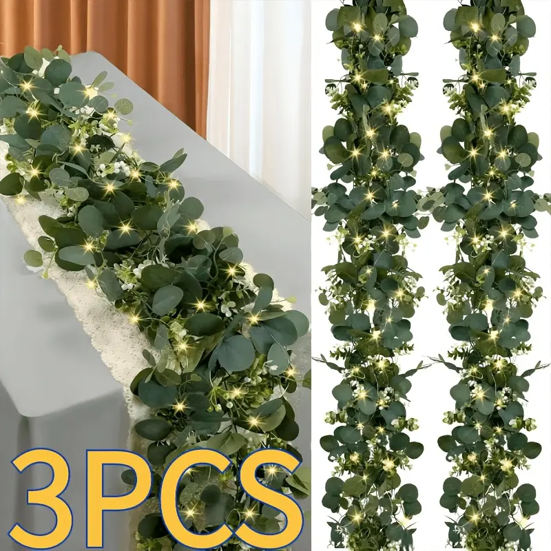 3 PCS 6ft Pre-Lit Eucalyptus Wreaths |   Green Floral Wreath Decorations, Artificial Fake Eucalyptus Leaf Green Vines for Tabletop, Wedding Centerpiece & Backdrop Decor, Warm White Light, Plastic Material, Battery Operated
