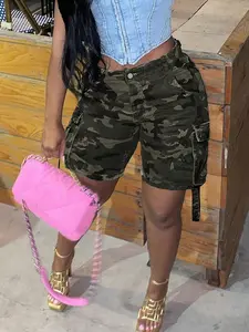 Women's Summer Camo Denim Shorts, Slim-Fitting Mid-Waist Loose Fit Wide-Leg Capri Pants, Casual Button Fly Jeans for Women