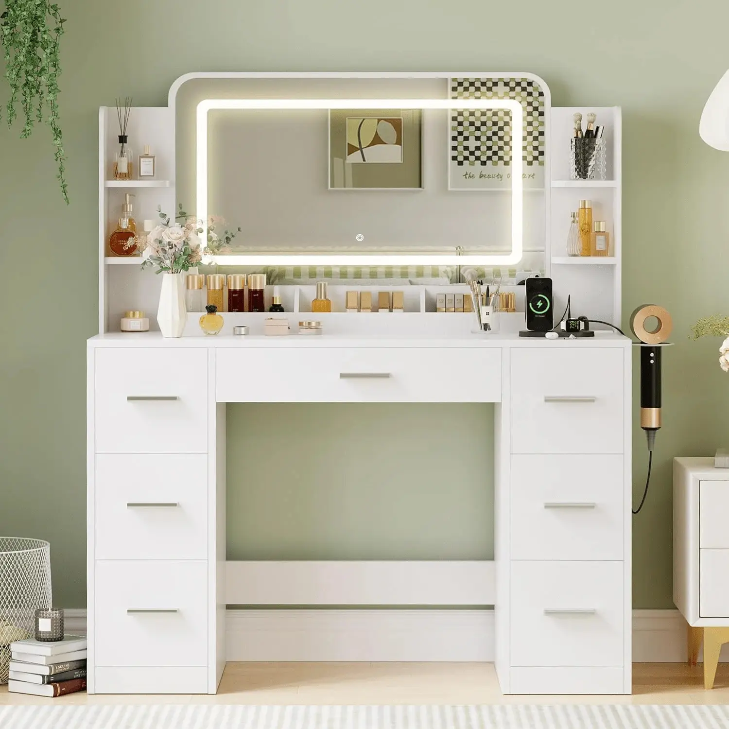 High-Brightness Wide-Angle Full-Size Mirror-Type Multi-Spectrum  Vanity Desk with Large LED Mirror, 3 Color Modes, Power Outlet, USB Ports, 7 Drawers and Queen Size Canopy Bed Storage, High-Brightness  Vanities, Wide-Angle  Vanities