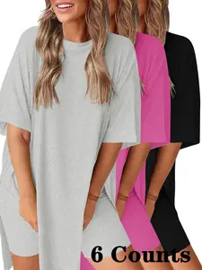 Women's Solid Color Curved Hem Tee & Skinny Shorts Set, Casual Fashion Cozy Round Neck Short Sleeve T-shirt & Shorts for Daily Outdoor Wear, Ladies Clothes for Summer, Suits, Matching Clothing Set, Casual Loungewear Set