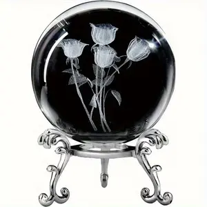 3D Carved Rose Crystal Ball with Base, 60mm Glass Paperweight, Elegant Floral Design, Wedding Home Decor, Mother's Day Gift