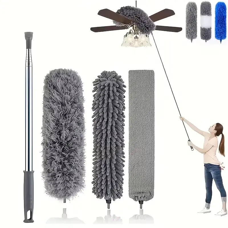 Microfiber Duster with 100.0inch Telescopic Extension Pole Kit for High Ceilings, Cleaning Fan Spider Webs, Reusable and Washable Lightweight Ceiling Fan Nets, Blinds Household Cleaning Tool Home Cleaning Products Extendable Microfiber Duster