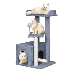 Meowster 29-Inch Cat Tree, Multi-Level Cat Tower with Sisal Scratching Board, Plush Condo, Top Perch & Pompom Toy, for 2-3 Small/Medium Cats