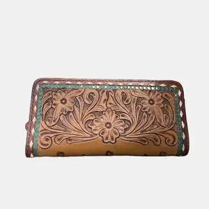 Texas Leather Wallet Genuine Turquoise Trim Tooled Leather Wallet - Bifold Tooling Western Man's Men Men's Women Long Wallet Checkbook - Gift Idea - Meaningful Gifts