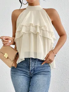 Women's Vintage Halter Top, Summer Multi-Layer Ruffle Sleeveless Crop Shirt Nk-0001-706, Fashionable and Stylish Ladies' Clothing, Womenswear