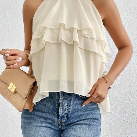 Women's Vintage Halter Crop Top, Chic Halter Neck, Multi-Layer Ruffle Sleeveless Summer Shirt, Fashionable, Chic and Stylish Clothing, NK-0001-706