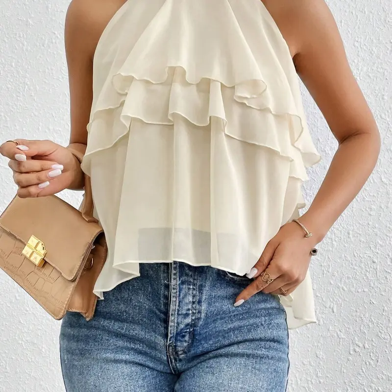 Women's Vintage Halter Crop Top, Chic Halter Neck, Multi-Layer Ruffle Sleeveless Summer Shirt, Fashionable, Chic and Stylish Clothing, NK-0001-706