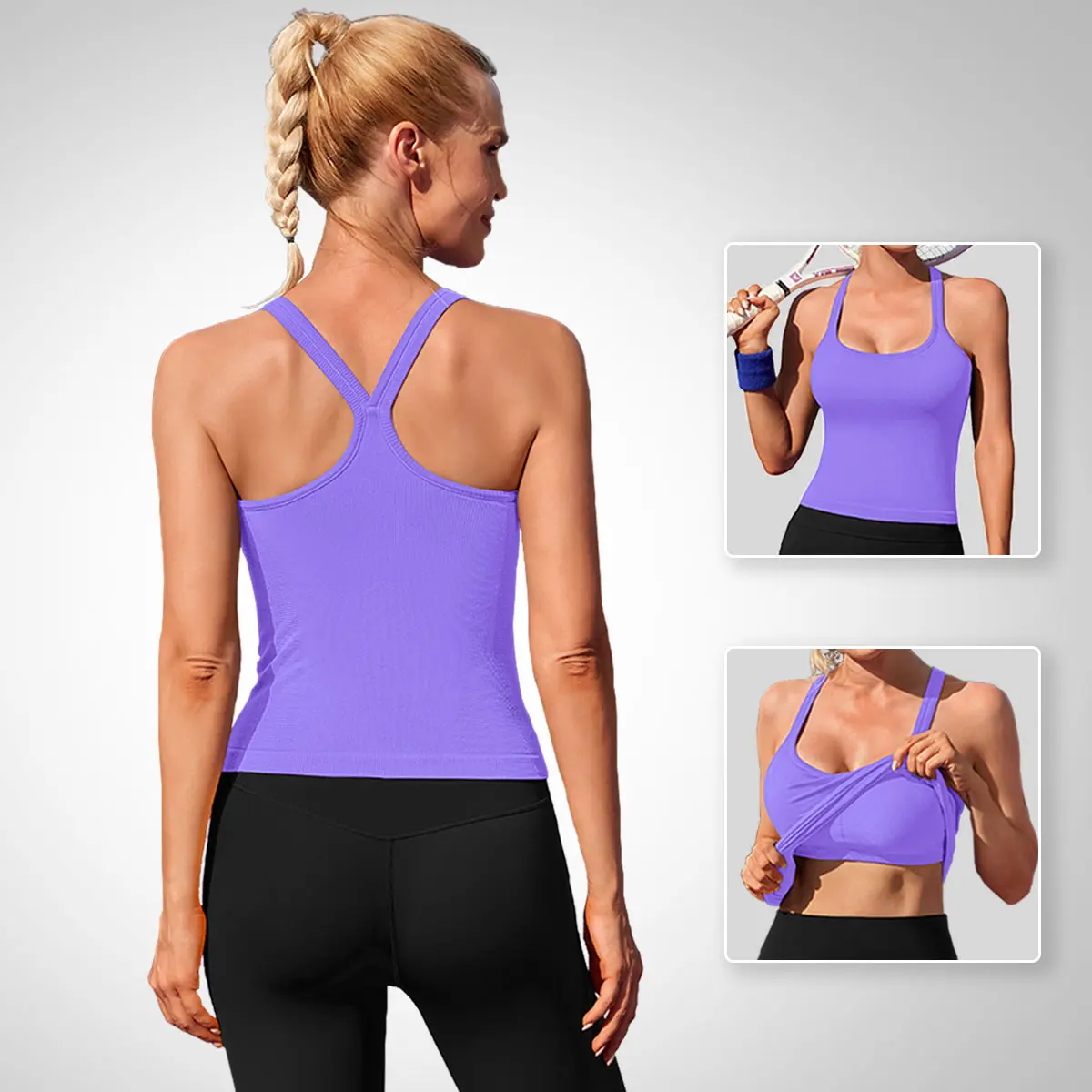 ATTRACO Women's Workout Tank Top Built in Bra Ribbed Athletic Tank Spagthetti Strap Y Back Workout Top Scoop Neck