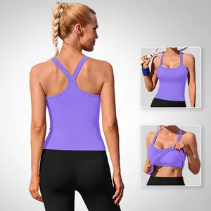 ATTRACO Women's Workout Tank Top Built in Bra Ribbed Athletic Tank Spagthetti Strap Y Back Workout Top Scoop Neck