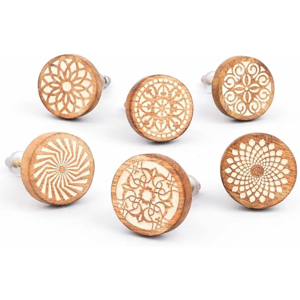 6 Premium Quality Rust-Free Floral Wooden Drawer Knobs, Contemporary Black-Brown Round Cabinet Knobs with Different Sizes, Decorative for Kid's Room