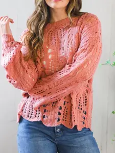 Elegant Women's Loose Fit Knit Sweater, Round Neck Hollow Out Design, Casual Summer Fashion, Long Sleeve Plain Pattern