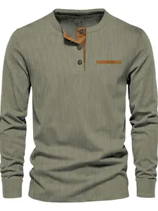 Men's Regular Fit Patchwork Print Half Button Thermal Lined Henry Collar Shirt, Casual Retro Long Sleeve Top for Spring & Fall, Fashion Men's Clothes for Daily Wear, Army Green