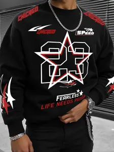 Fall outfits,Men's Fall Round Neck Sweatshirt, Sporty Print Design, Trendy Casual Wear for Autumn Daily Use, Positive Attitude Style