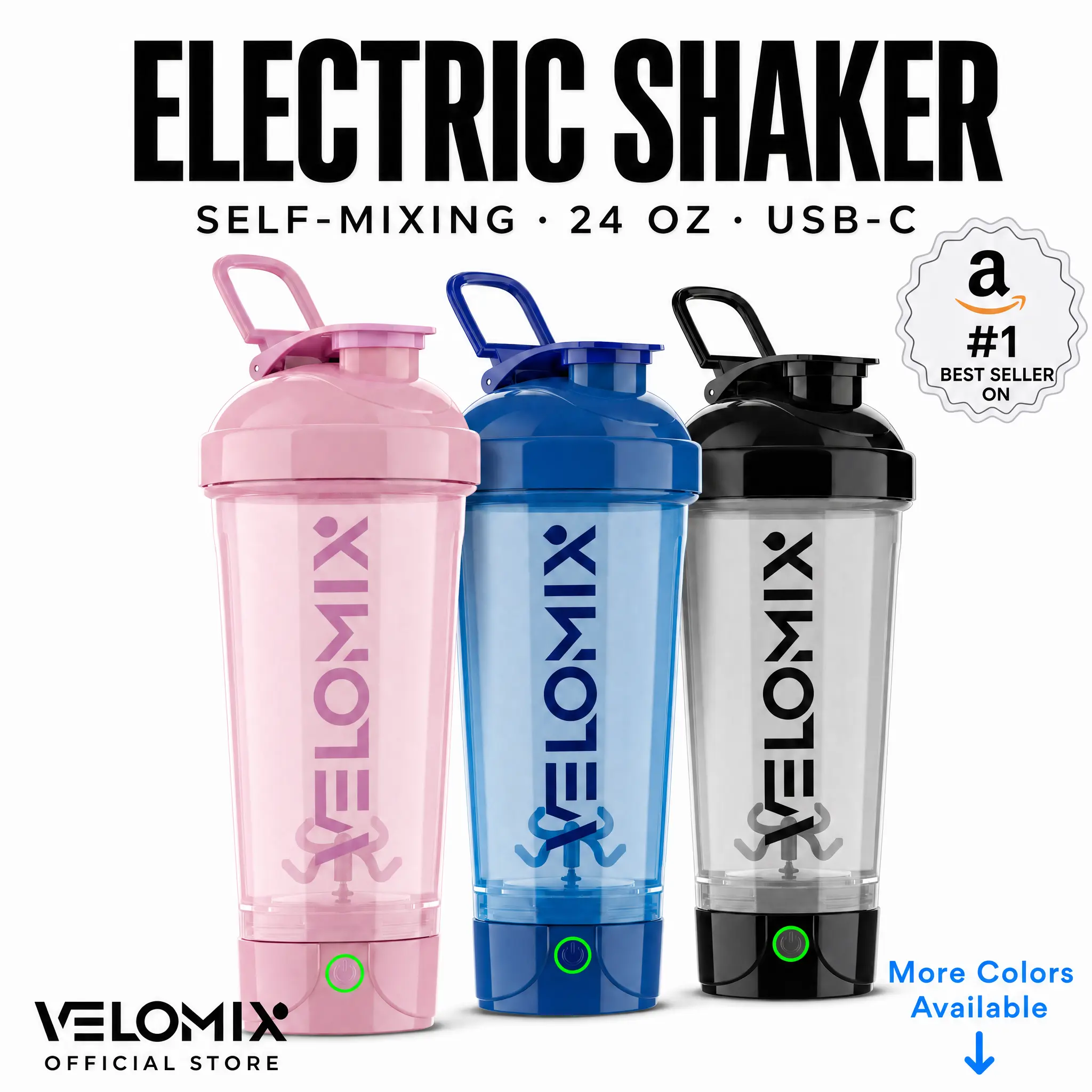 VELOMIX 24oz Electric Protein Shake Mixer Bottle - USB-C Rechargeable Drink Mixer, Leak-proof Seals, 80 Mixes per Charge, 1-Touch Operation, Easy-Clean, Durable BPA-Free PP/PE Plastic Workout Gym Accessory, Fitness Shaker, Twist-Lock Lid, Gym-Ready, Silic