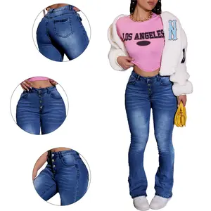 Women's Fashion Dark Wash Flare Jeans - High Waisted Denim Pants with Retro Vintage Aesthetic