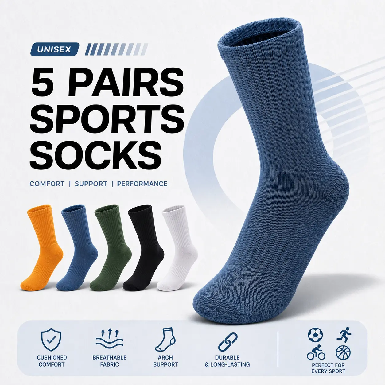 JUPICHUBI Mens Womens 5 Pairs Arch Support Crew Socks, Seamless Toe Combed Cotton Athletic Socks, Moisture Wicking Breathable Sports Socks, No-Slip