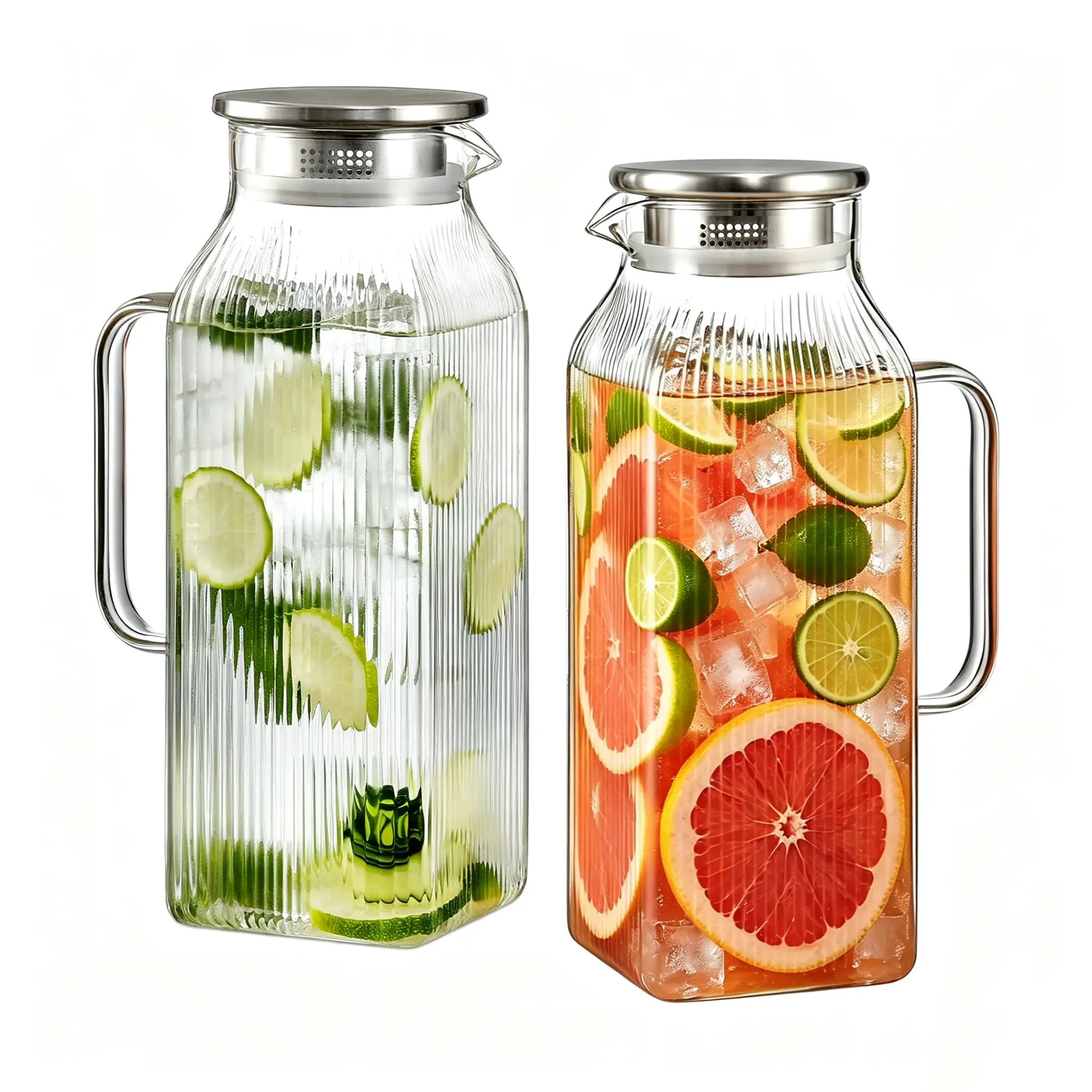 2-Pack 68oz Stylish Square Borosilicate Glass Pitchers with Silver Lids & Handles, Fridge-Safe Jugs for Versatile Use with Hot/Cold Brew Drinks, Iced Tea