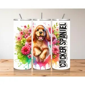 Cocker Spaniel Joy Tumbler - Customizable Floral Splash Drinkware