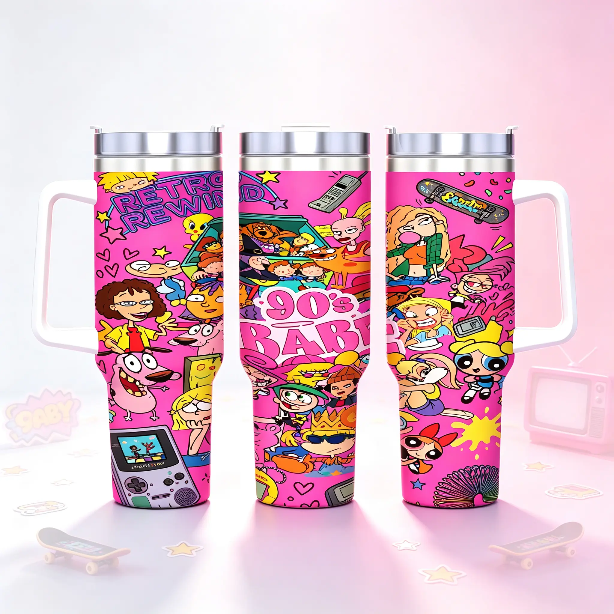 90’s Baby Retro Cartoon Collage 40oz Handle Tumbler, Classic 90s Cartoon Character Full Wrap Stainless Steel Insulated Cup, Nostalgia Throwback Travel Mug With Lid, Gift For 90s Kids Birthday Drinkware Flasks Insulation Portable Bottled Bottles