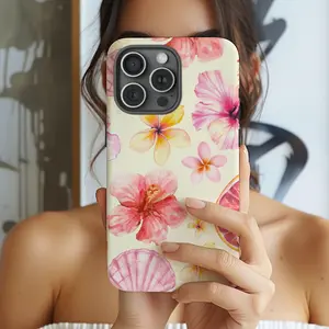 Cute Hibiscus Seashell Phone Case, Trendy Summer Pastel Floral Print Cute Girly Aesthetic, Beachy iPhone 16 15 14 13 Pro Max Plus