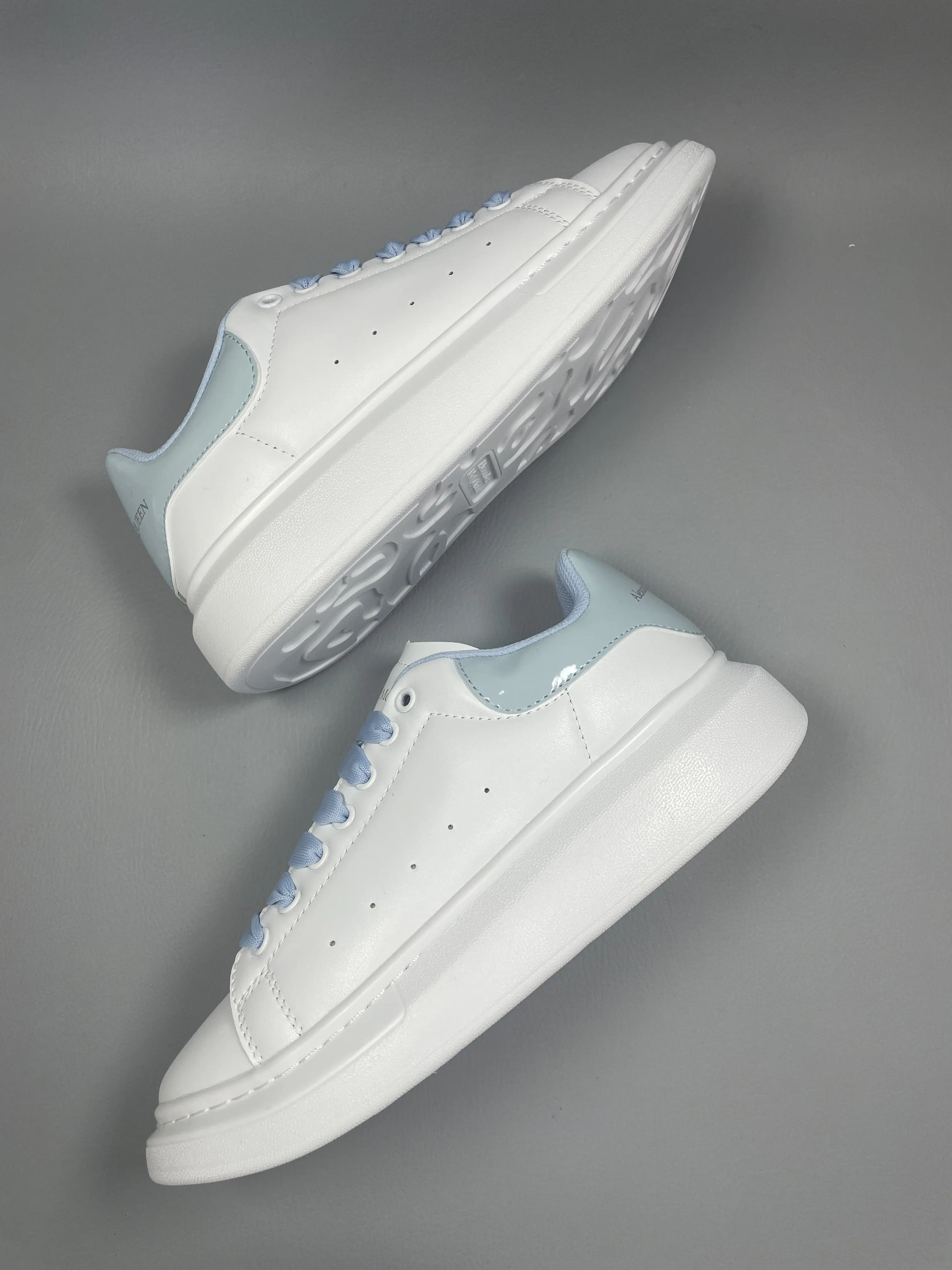 White Light Blue Patent Heel & Laces Platform Leather Skate Sneakers, Thick Height Boost Cushion Sole Casual Trainers, Fresh Minimal All-Match Daily Street Shoes For Women Men