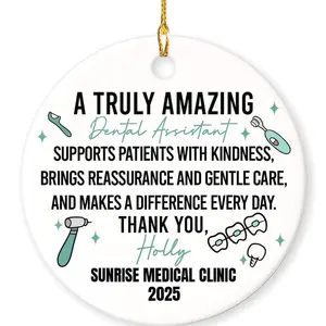 Personalized 3"x3" Round Ceramic Dental Assistant Ornament, Hanging Vintage Decoration, Christmas Appreciation Gift for Dental Assistants, Festive Room Accent