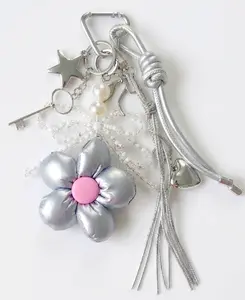 Beaded Bowknot Silver Puffer Flower Bag Charm Keychains Set - Cute PU Leather Chain-Attached Keychains for Women, Purse & Handbag Accessories