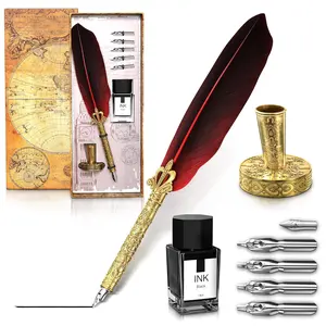 Quill Pen and Ink Set - 11.4" Antique Feather Pen with Stainless Steel Nib for Calligraphy Practice, Drawing & Signatures, Designed for Beginners and Calligraphy Enthusiasts