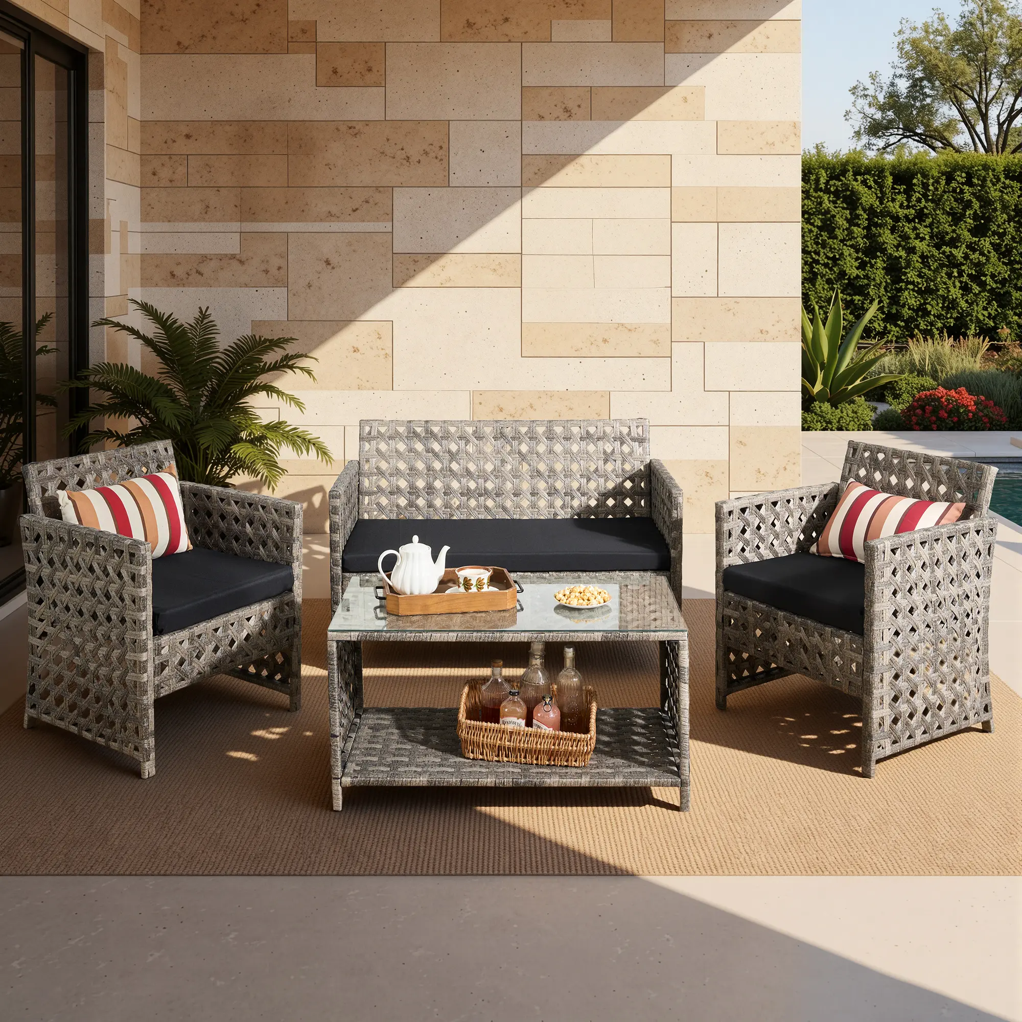 HOOOWOOO Outdoor Patio Rattan Furniture, 4 Pieces Sofa Set with Cushions & Coffee Table, Modern Wicker Loveseat, Tempered Glass Top, Cozy Garden Seating for Lawn, Pool or Backyard