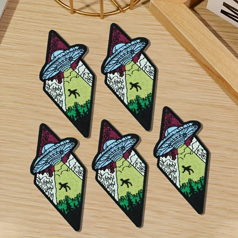 5pcs Large-Size Outer Space Themed Iron-On Embroidered Patches - Sci-Fi UFO Motif Fabric Appliqués, Easy-Attach Decor for Clothes, Backpacks